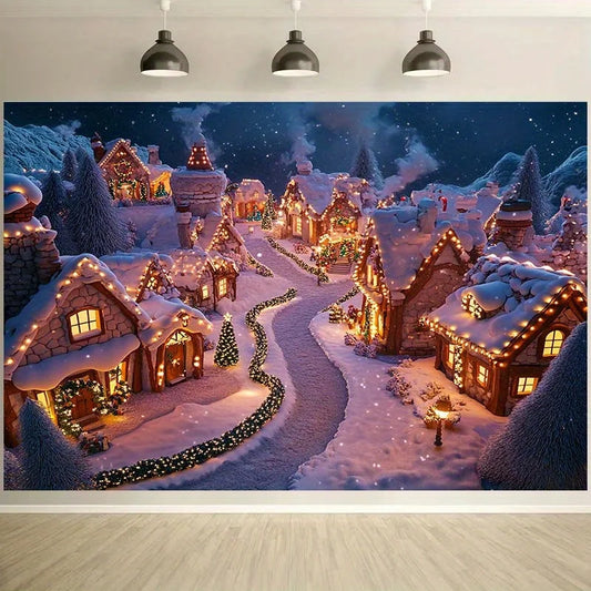 1 2D holiday Christmas snow village background with comfortable cabin passages, sparkling decorations, and flashing lights