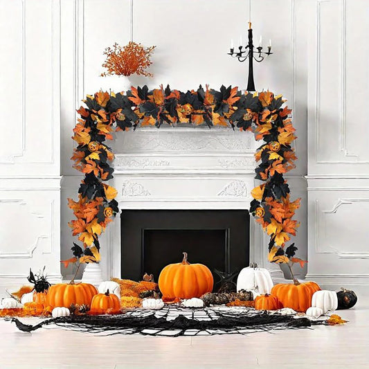 For Halloween Garland for Spookys Fall Decor 5.74ft Gothic Maple Leaf Pumpkin-Vine with Spiders Accents for Fireplace Decoration