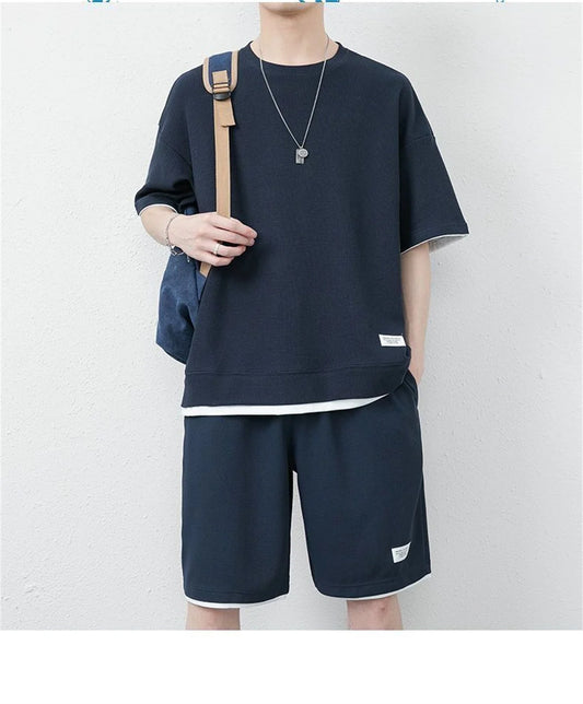 Cool Clothing Summer Sports Suit For Men Comfortable Breathable Mesh Waffle Sets Fitness Tracksuit T-shirt+Shorts Two-Piece Set