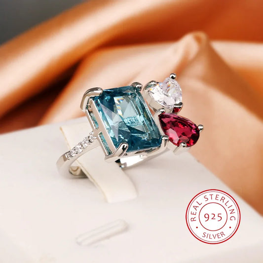 925 Sterling Silver Sterling Silver Geometric Design Blue Red Premium Ring Fashion Banquet Wedding Ladies Light Luxury Jewelry