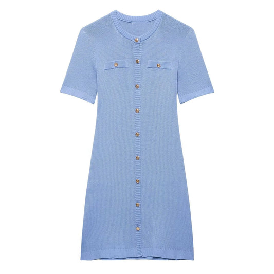 Women's clothing 2025 summer new European and American style fashionable casual front button rib knitted dress