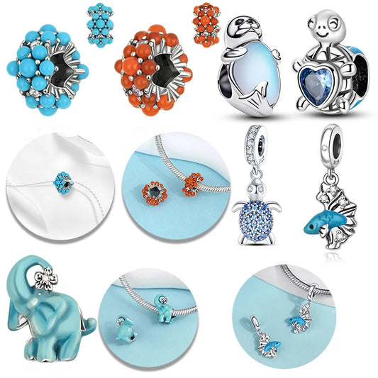 925 Sterling Silver Charmins Animal Blue Ocean Series Beaded Pendant Bracelet Necklace Women's Luxury DIY Jewelry Exquisite Gift