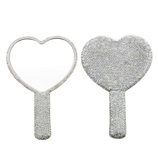 Diamond Handheld Makeup Mirror Love Heart Mirror Female Handle Makeup Cosmetic Beauty Tools Handheld Vanity Girls Make Up Mirror