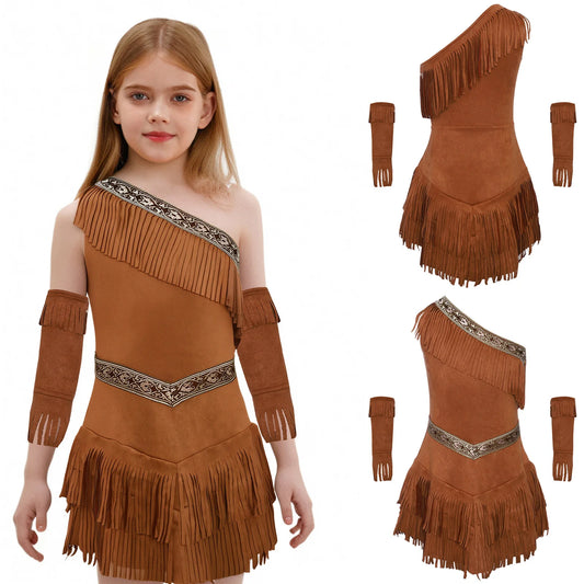 Girls Indian Indigenous Costumes Indians Princess Dress Caveman Savage Halloween Fancy Dress Up Suede Dress And Tassel Sleeves