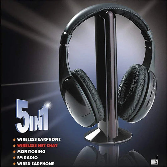 5 In 1 HiFi Wireless Headphones For TV Or Computer FM Radio Earphones Headsets With Microphone And Wireless Receiver
