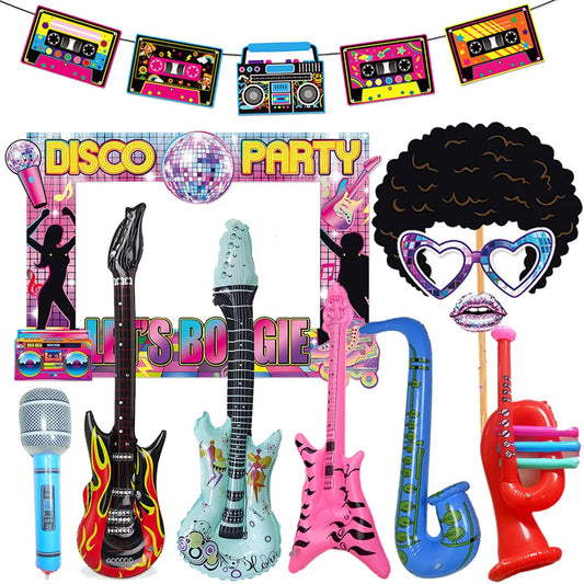 Disco Theme Party Decor Banner Photo Frame Photography Props Musical Instrument Balloon Guitar Microphone Bass Saxophone