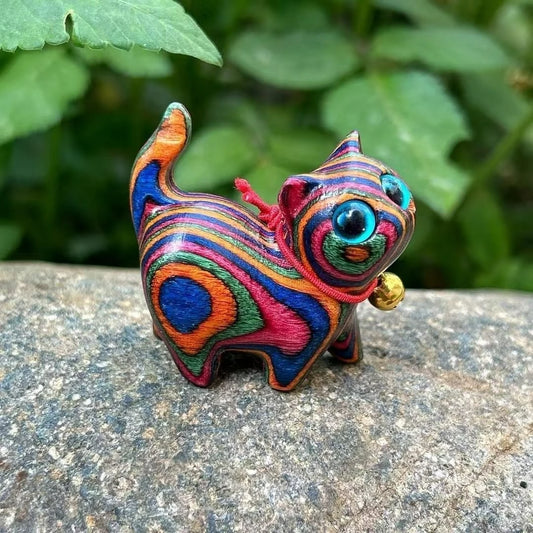 Furniture decor cute colorful wooden cat; desktop office supplies; rainbow wood carving; cat wood carving cat home decor gift