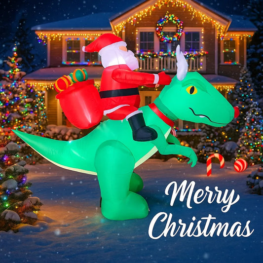 Holiday Decor 7.8FT LED Inflatable Xmas Yard Santa Riding Dinosaur Christmas Decor Lawn Garden Toy Supplies Home Ornament Gifts