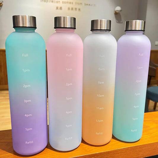 New 1L Water Bottle with Time Stamp BPA Free Reusable Fitness Sports Outdoor Travel Leakproof Water Cup Frosted Kettle