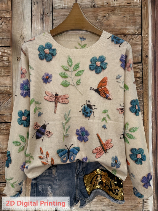 Women'S Lightweight Sweater - 2D Digital Printing-All-Over Floral & Insect Print in Beige/Red/Blue/Black/White/Gray/ - Soft Everyday Pullover for Fall/Winter - Casual Chic Sweater for Everyday & Formal Outfits - Women'S Sweat