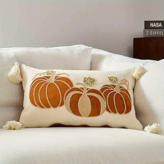 Chic Fall Pumpkin Throw Pillow Cover 12X20 Inch - Zippered Lumbar Cushion Case For Halloween & Thanksgiving Decor, Machine Washable Polyester, Perfect For Living Room Sofa