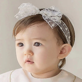 Yheahin Baby Girls Lace Bow Headband Cute Chiffon Bow-Knot Toddler Hairband Elastic Soft Lace Infants Birthday Party Hair Accessories (White-4 One size)